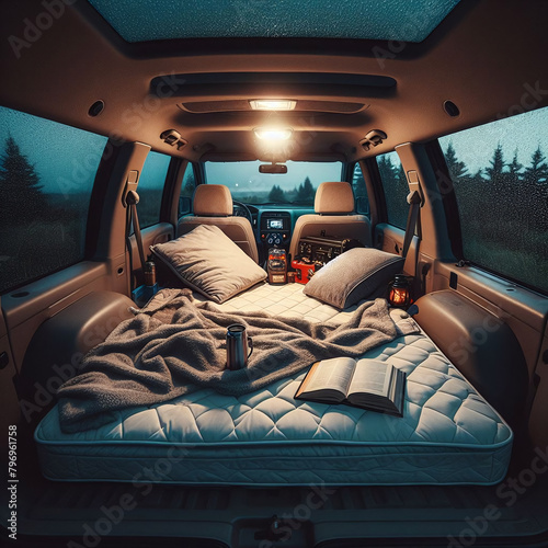 Cozy car camping setup with bed in SUV trunk, warm lighting, book, and beverages, surrounded by twilight nature scenery.