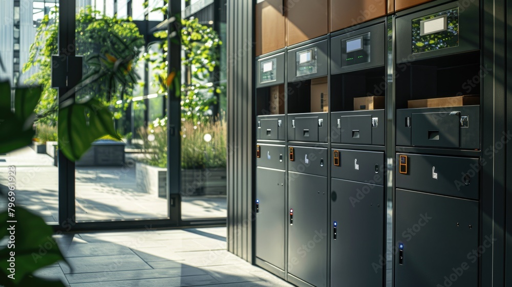 series of smart lockboxes at a residential building, where deliveries are secured and verified through P-IoT technology series of smart lockboxes at a residential building, where deliveries are secured and verified through P-IoT technology