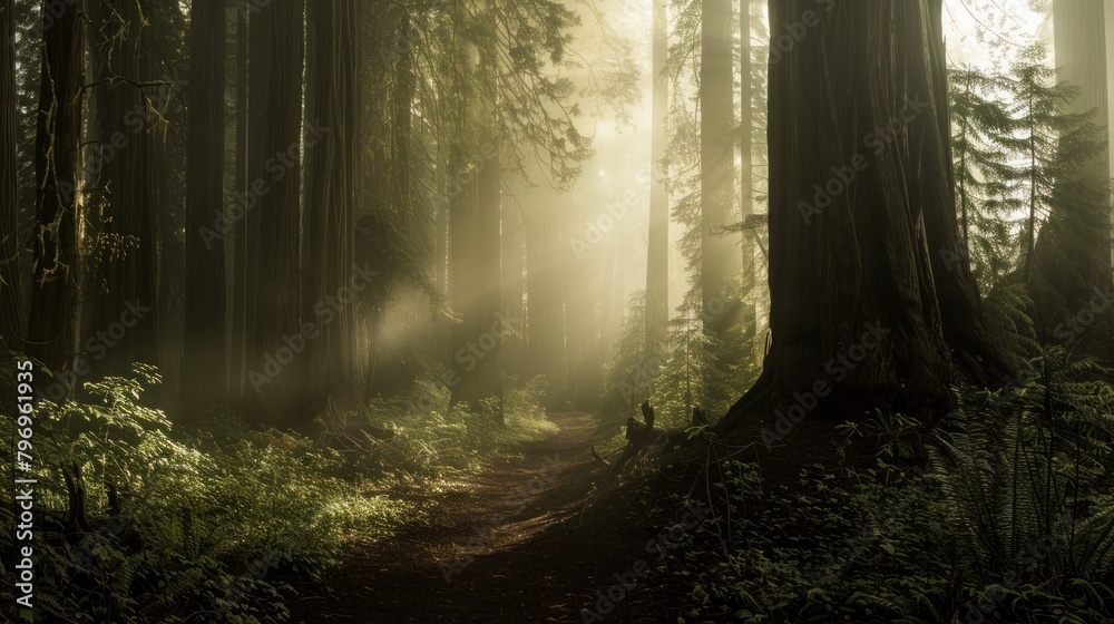 A foggy scene envelops a straight path lined with towering redwood trees A foggy scene envelops a straight path lined with towering redwood trees