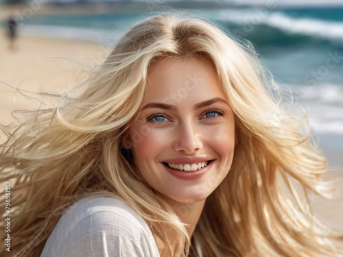 Obraz na płótnie Close-up portrait of a beautiful happy blonde woman with long hair on the seashore. Summer tropical mood. w salonie
