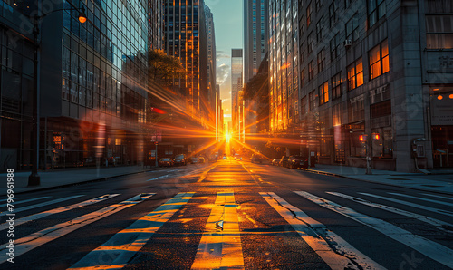 Sunset casting a warm glow between high-rise buildings on an urban street. Generate AI
