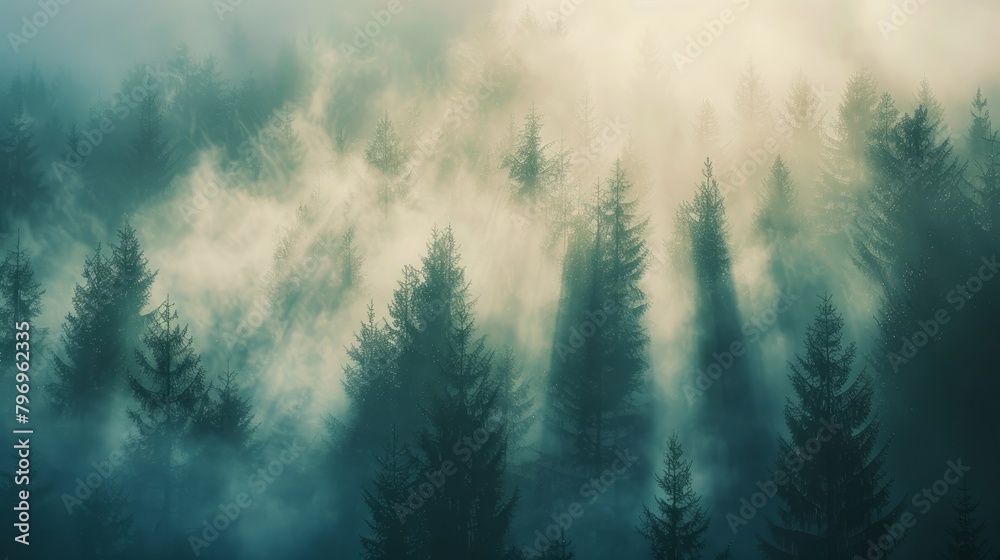 Fototapeta premium Sunbeams pierce through the fog in a natural forest of spruce trees, creating a mystic and ethereal atmosphere that captivates the senses