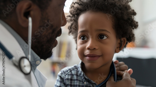 A candid moment captured as a doctor interacts with a child patient, using a stethoscope to listen to their heartbeat while the child curiously looks on, highlighting the importanc photo