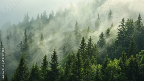 Sunbeams pierce through the fog in a natural forest of spruce trees, creating a mystic and ethereal atmosphere that captivates the senses