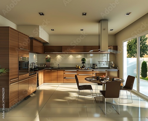 Modern kitchen with brown cabinets and stainless steel appliances open to dining area with table for four