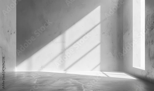 A minimalist style room bathed in sunlight, with shadows casting on a white wall. Generate AI