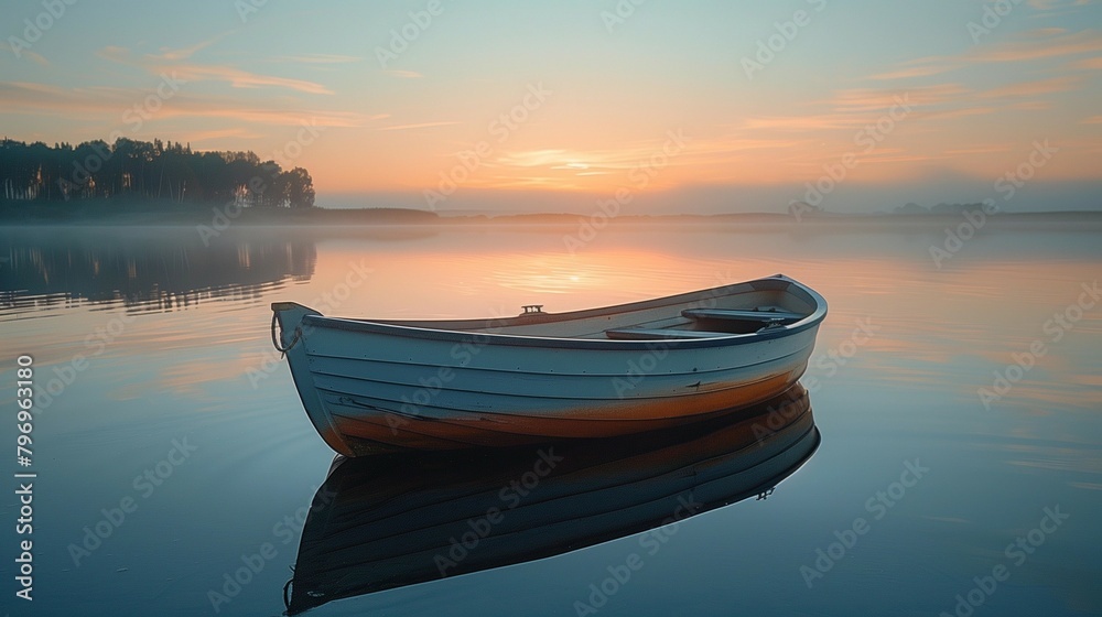 Serenity in Simplicity: Calm Lake Morning with Fishing Boat, generative ai Serenity in Simplicity: Calm Lake Morning with Fishing Boat, generative ai