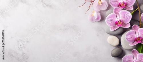 Pink orchids and stones on a white background