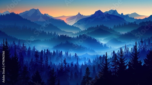 A stunning vector illustration depicts a dark blue mountainous landscape shrouded in mist photo