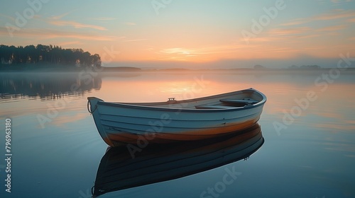 Serenity in Simplicity: Calm Lake Morning with Fishing Boat, generative ai