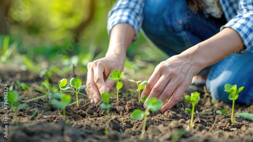 Woman fertilizing soil with growing young sprout outdoors  selective focus