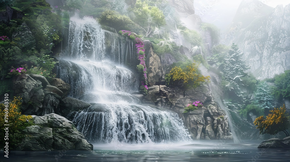 Φωτογραφία Water forcefully cascades over a series of rocky outcrops in a mountainous setti