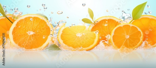 Oranges splashed with water and green leaves