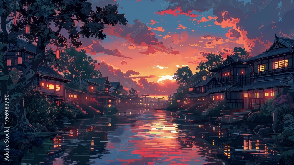Sunrise Serenity: Pixel Art Village, generative ai