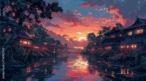 Sunrise Serenity  Pixel Art Village  generative ai