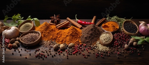 Spices and Herbs on Table photo