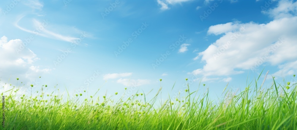 Fototapeta premium Green field with blue sky backdrop