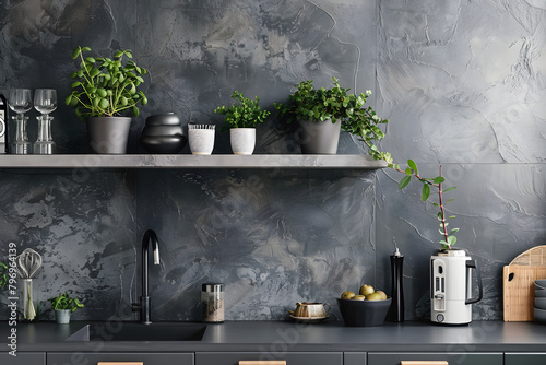 Contemporary modern kitchen interior in in grey concrete with green house plants.