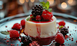 Elegant panna cotta decorated with fresh berries and mint on a stylish plate. Generate AI