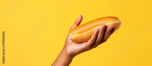 Person holding a hot dog on a yellow background