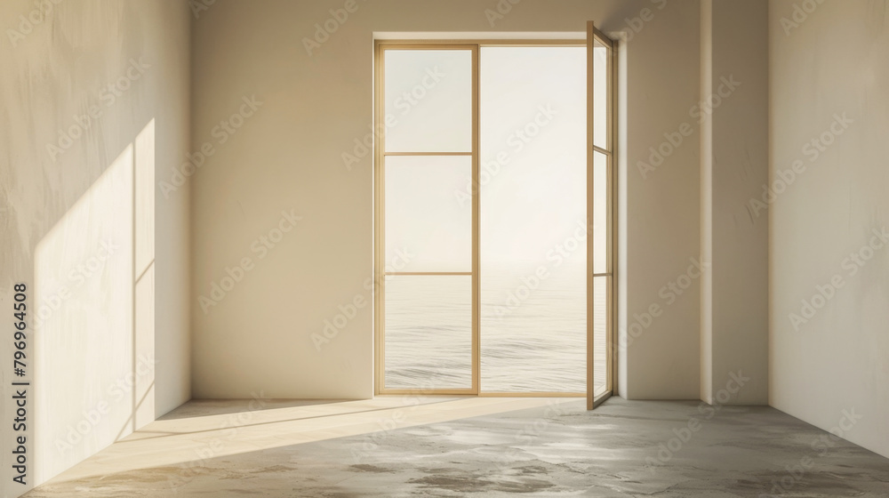 Fototapeta premium A room with a large window that overlooks the ocean. The room is empty and has a minimalist design