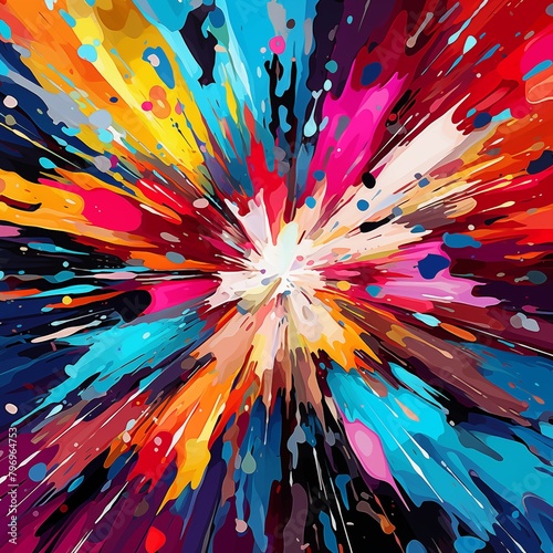 Explosion of bright colors abstract background banner. Explosion of multi-colored paints. Digital raster bitmap. Photo style. AI artwork.