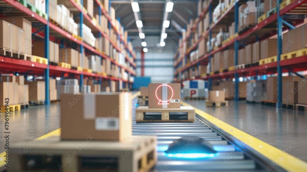 warehouse where P-IoT sensors track goods from arrival to dispatch, ensuring accurate stock levels and streamlined order fulfillment