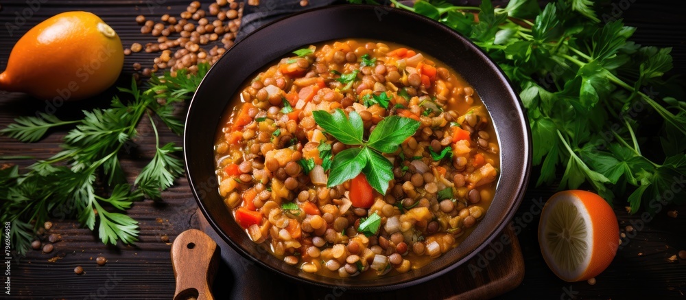 Close up of lentils in a bowl with lemon and parsley Close up of lentils in a bowl with lemon and parsley
