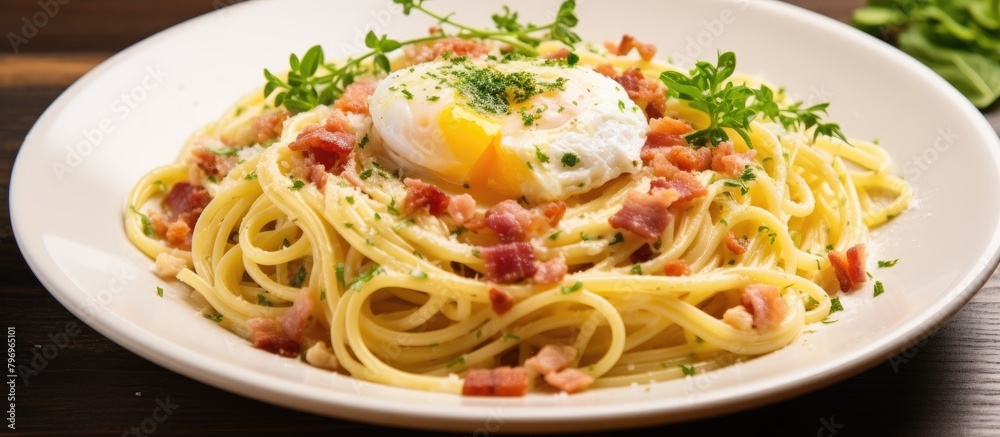 Plate of pasta topped with egg