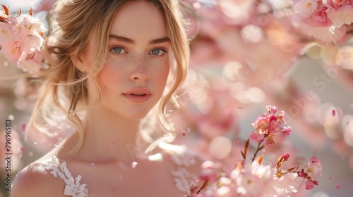 Blissful Bride in Cherry Blossom Garden, generative ai