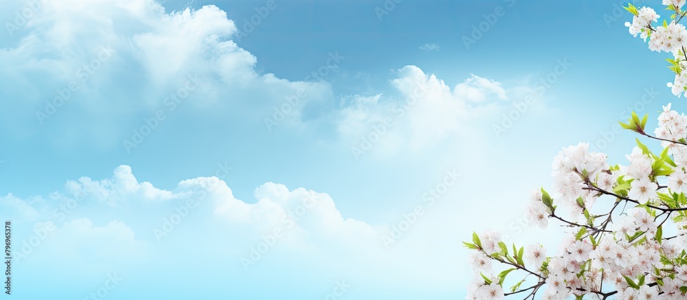 Tree branches adorned with white blossoms under clear blue sky Tree branches adorned with white blossoms under clear blue sky