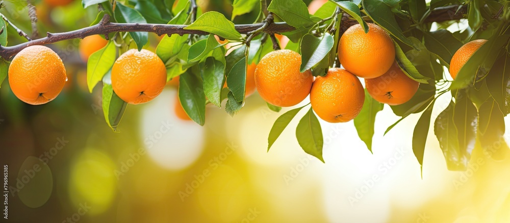 Oranges dangling from tree branches with green foliage