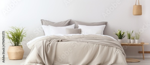 Bed with blanket and pillows in white room