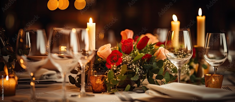 Table flowers candles lighted