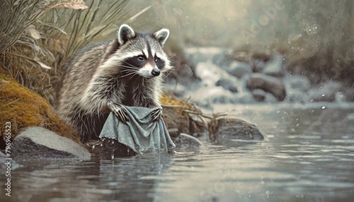 Surrealistic background with a raccoon washing its clothes in the river. Muted colors photo