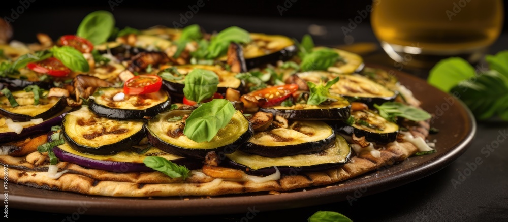 Close-Up of a Fresh Veggie and Herb Pizza on a Plate