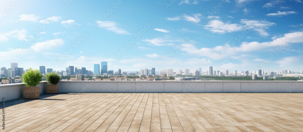 City skyline viewed from rooftop with planter