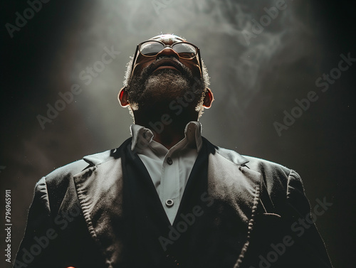 Un vieil homme noir en costume noir dans une pièce sombre nimbé d'une lumière qui l'illumine par le dessus photo