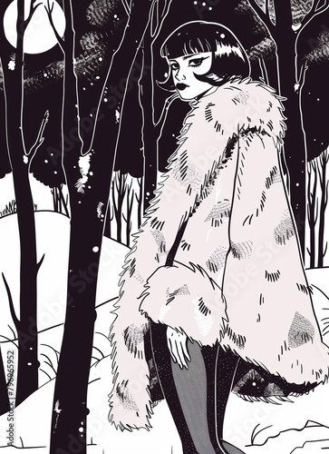 Femme de la nuit en manteau de fourrure, bas noirs et talons aiguilles au bois, stéréotype de la prostituée du Bois de Boulogne des années folles photo