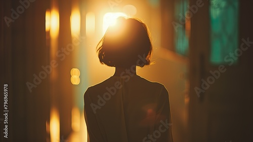 Woman in Corridor Illuminated by Warm Sunlight - ai generative