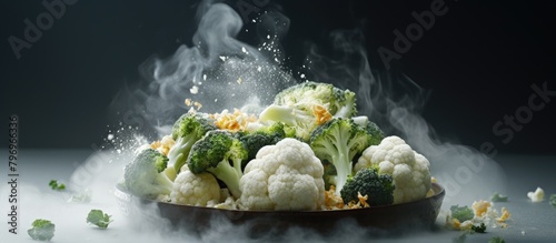 Steam rises from bowl of broccoli and cauliflower