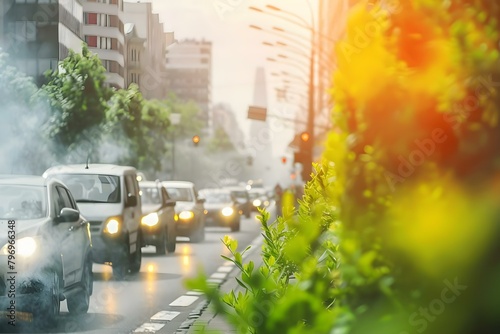 Contrast between polluted trafficfilled street and ec. Concept Urban vs Nature, Pollution Issues, Environmental Contrast, Cityscape vs Countryside photo