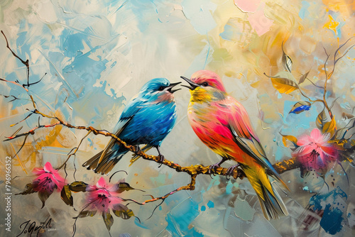 A pair of colorful birds perched on a branch, singing their melodious songs.
