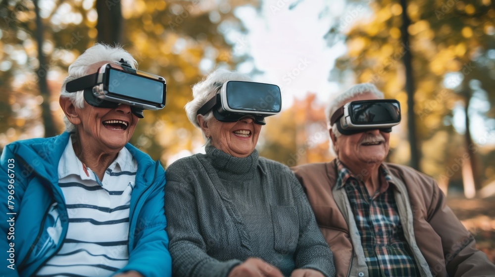 Senior people enjoy virtual world with VR headset on. Senior people enjoy virtual world with VR headset on.