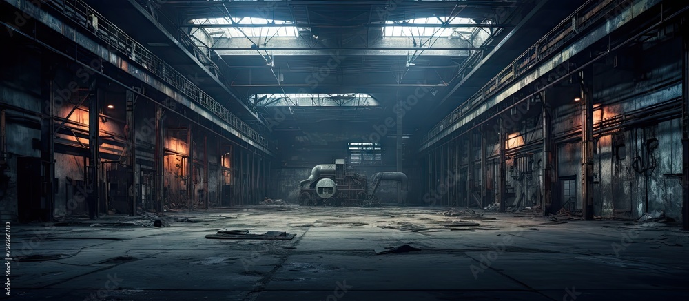 Industrial building overlooks with huge windows and a tank Industrial building overlooks with huge windows and a tank