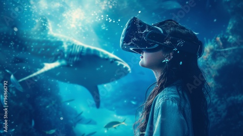 A female is in a virtual fantasy underwater world with sealife when wearing VR headset.