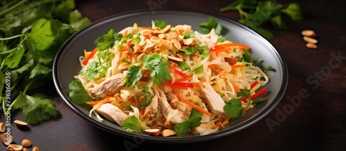 Bowl of chicken and vegetable food on table