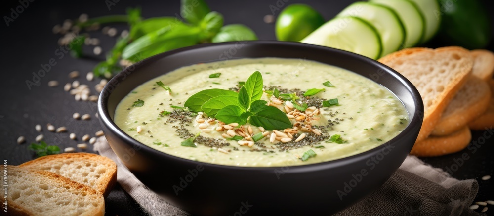 Bowl of soup, bread, and cucumber Bowl of soup, bread, and cucumber