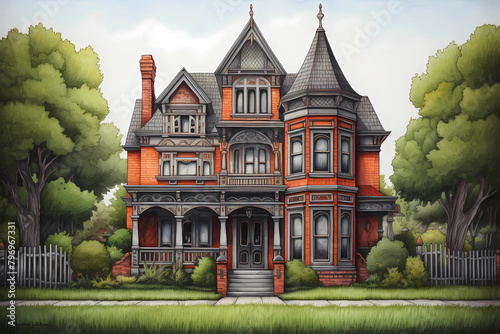 Victorian Gothic Style House (Cartoon Colored Pencil) - United Kingdom in the mid-19th century, a pointed arch, steep pitched roof, and decorative details such as tracery and finials photo