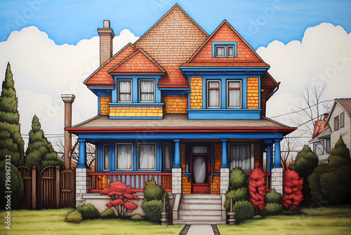 Stick Style House (Cartoon Colored Pencil) - United States in late 19th century, characterized by decorative stickwork on the exterior walls & gables, inspired by the English Arts and Crafts movement